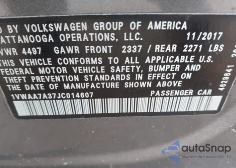 2018 Volkswagen Passat 2.0T R-Line/2.0T S z USA, uszkodzony, nr VIN 1VWAA7A37JC014607